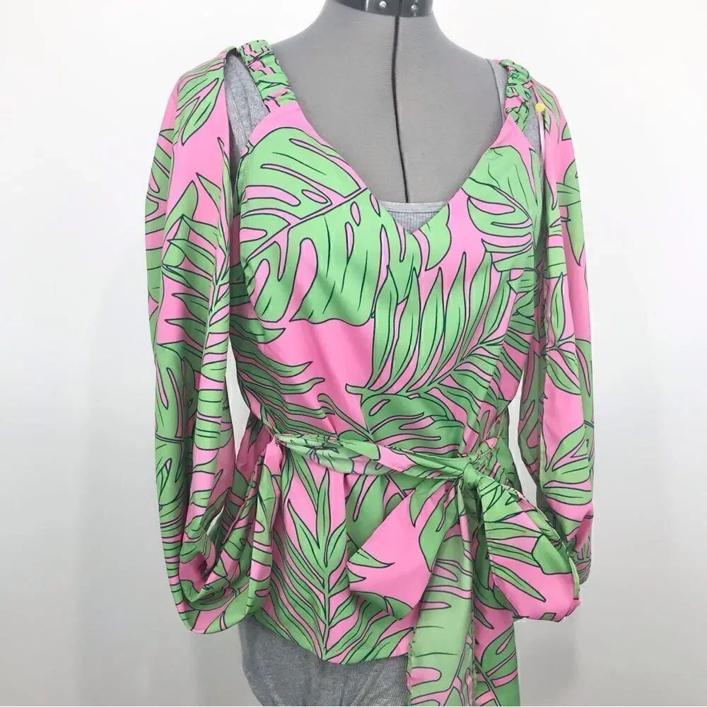 LulumariāNEWĀ PInkāGreenāTropicalāPrintāOffāShoulderāWrapāTieāBlouse